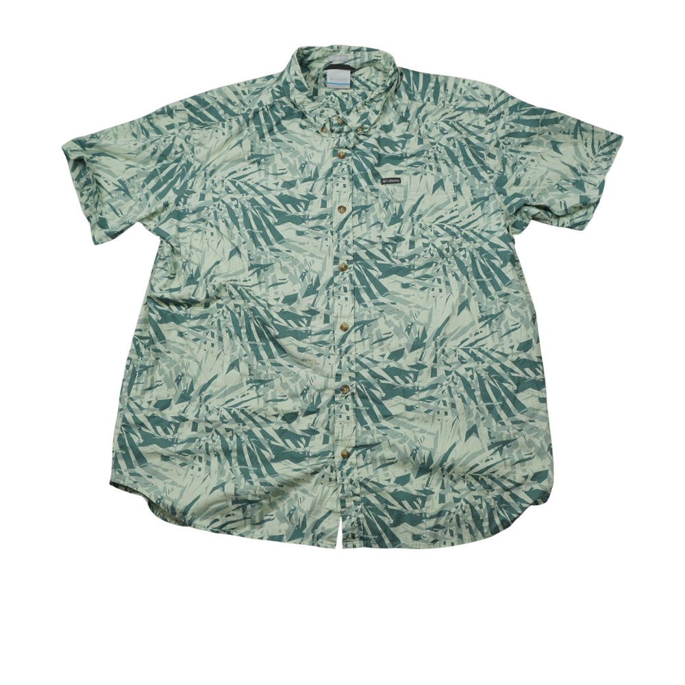 Columbia‎ Mens XL Green Palm Leaf Print Short Sleeve Button Up Shirt Lightweight